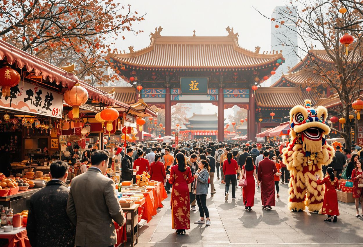 A captivating photograph capturing the lively atmosphere of the annual temple fair at Ditan Park in Beijing during the Lunar New Year celebration.