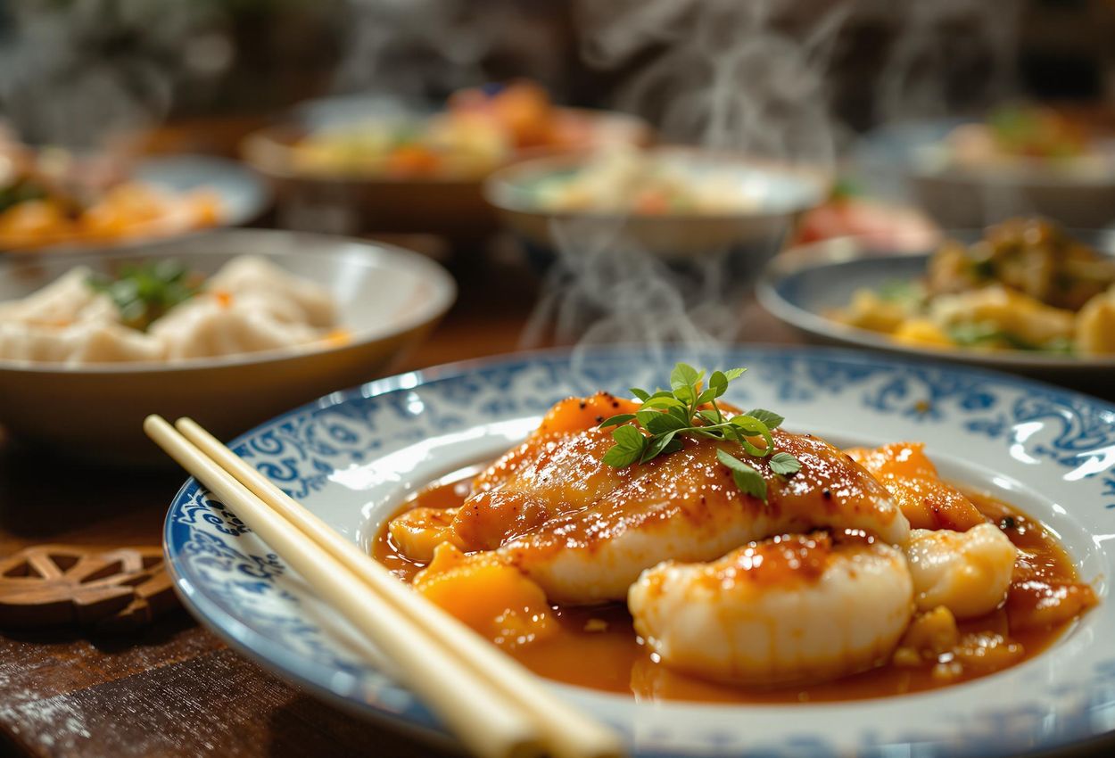 A close-up photo showcasing the vibrant and artful presentation of Cantonese dishes at Yi Long Court in Shanghai. The image captures the intricate details and sensory appeal of the reunion banquet menu.