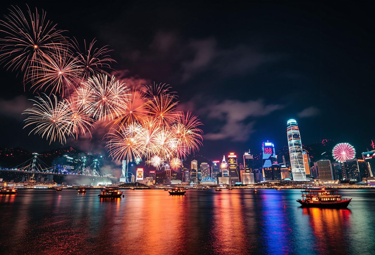 A stunning photograph of the Lunar New Year fireworks illuminating the Hong Kong skyline over Victoria Harbour, capturing the vibrant colors and grandeur of the celebration.