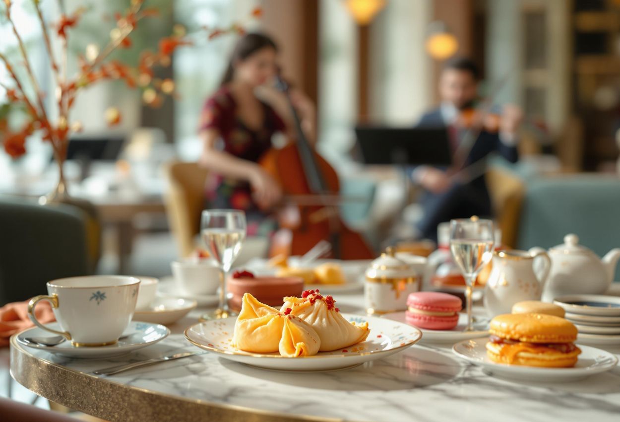 A medium shot of a Chinese New Year Afternoon Tea in a luxurious hotel lobby. The image showcases festive treats like dumplings and macarons, with a string duo providing entertainment.
