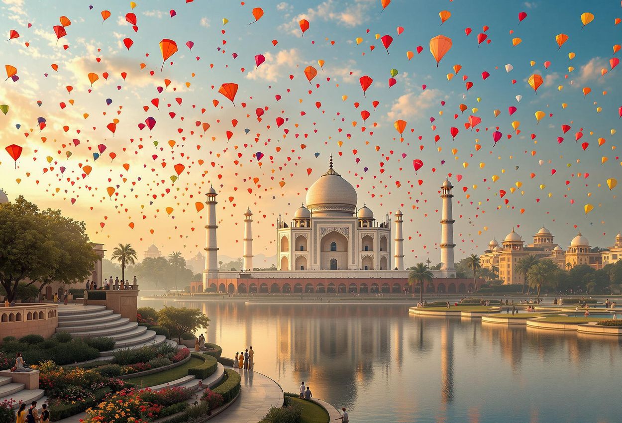 A stunning panoramic photograph captures the Taj Mahal at dawn during Makar Sankranti, with colorful kites filling the sky and guests enjoying the view from The Oberoi Amarvilas.