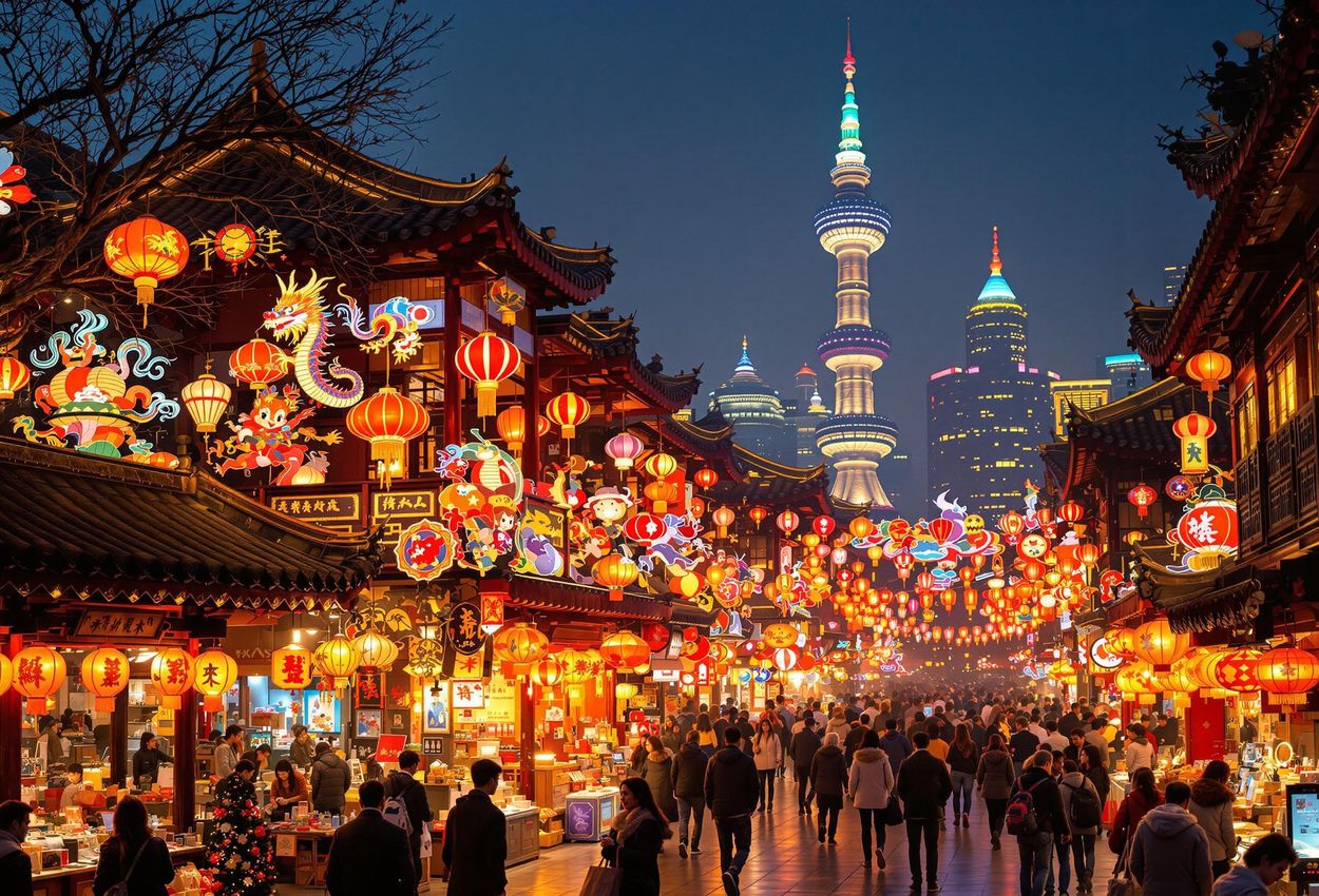 A vibrant photograph capturing the Lantern Show at Yu Garden Bazaar in Shanghai during Lunar New Year. The scene is filled with colorful lanterns illuminating the streets and plazas, showcasing intricate designs and a festive atmosphere.