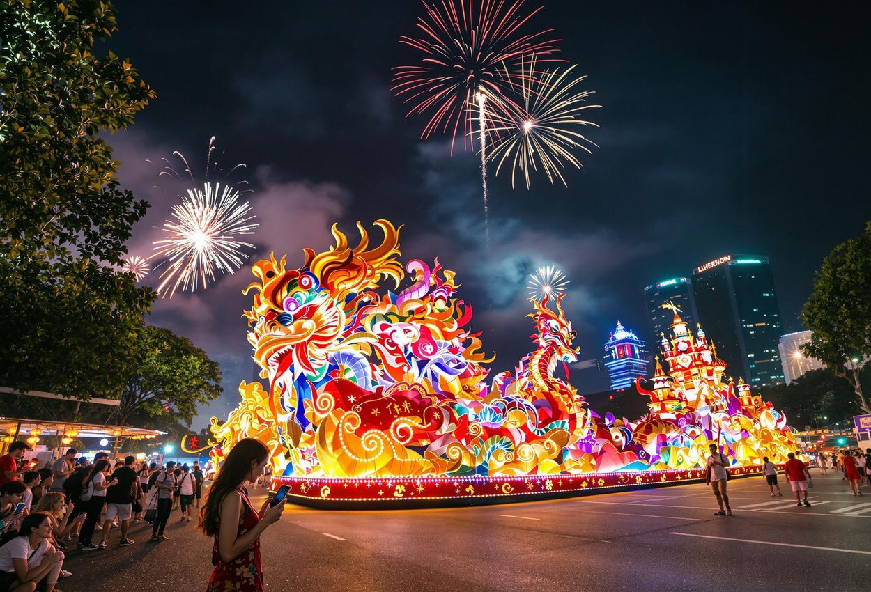 A photograph capturing the vibrant Chingay Parade in Singapore at night, featuring colorful floats, lion dances, fireworks, and a diverse crowd celebrating the multicultural spirit of the event.