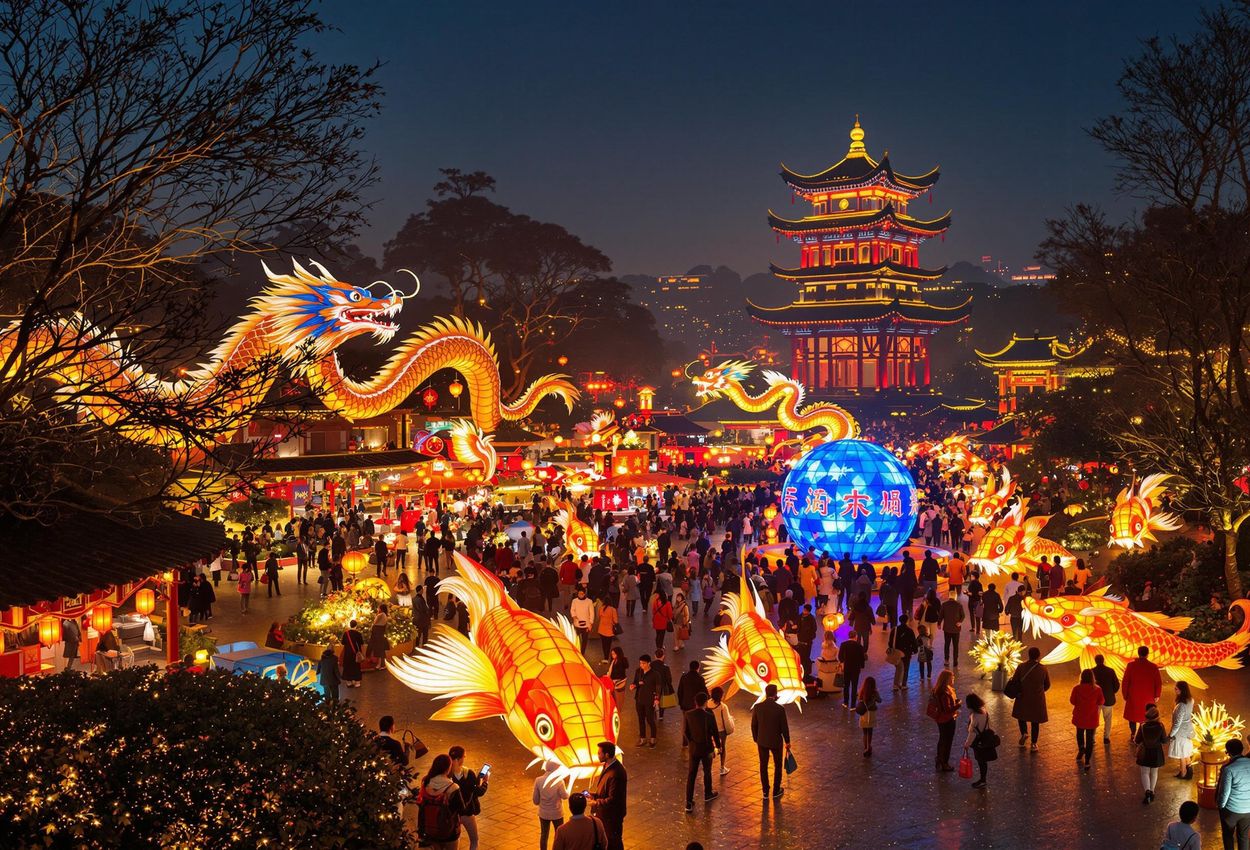 A captivating photograph of the Yuyuan Garden Lantern Festival in Shanghai, showcasing the vibrant colors, intricate lantern designs, and festive atmosphere during Lunar New Year.