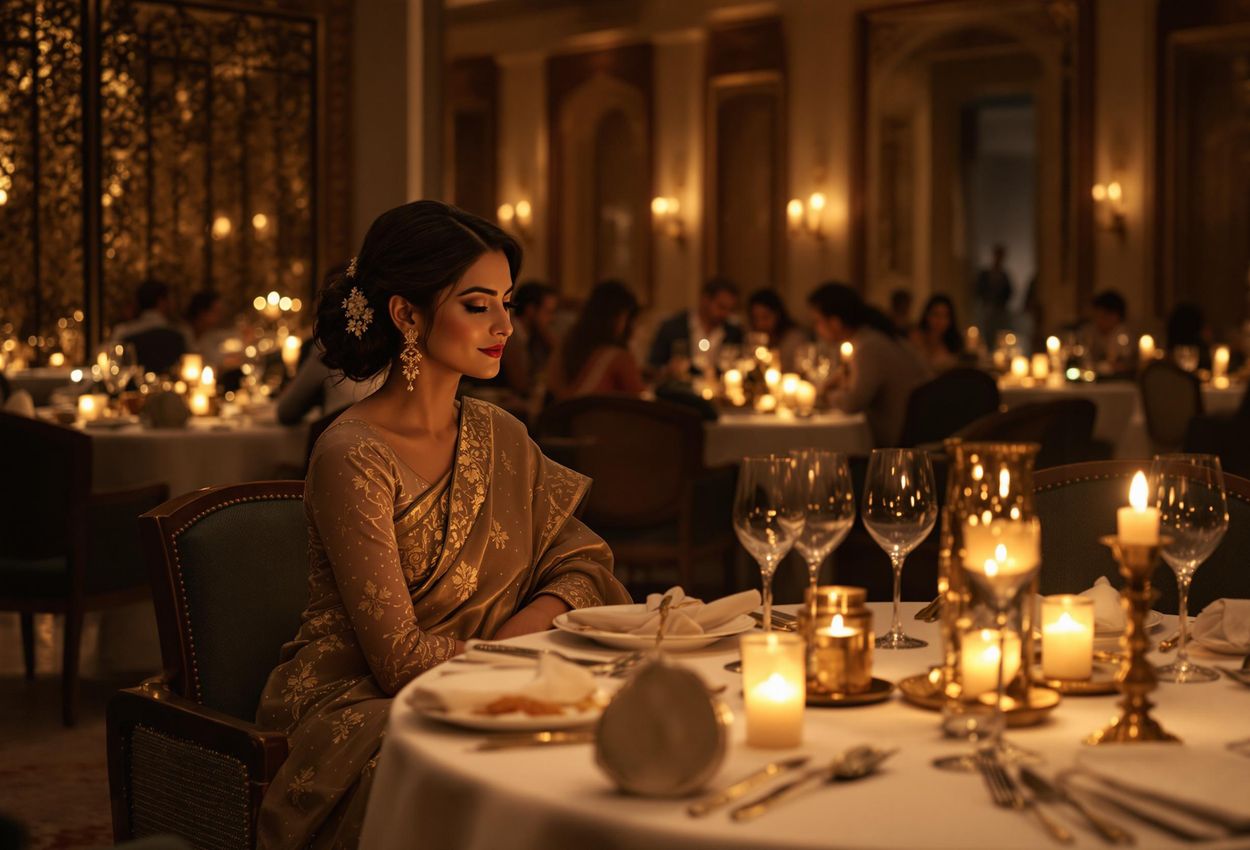 A dimly lit, romantic interior shot of Esphahan, The Oberoi Amarvilas