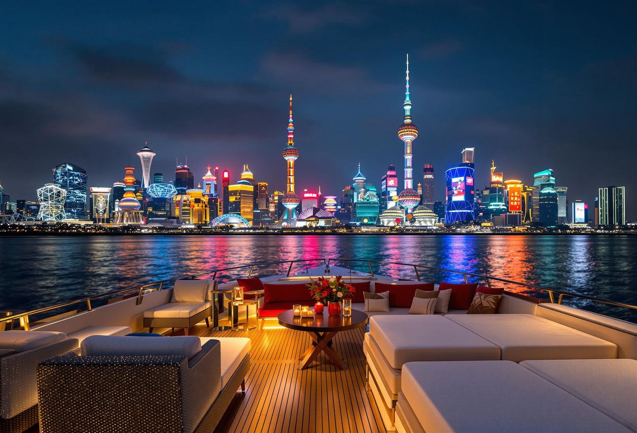 An evening view of a luxury yacht cruising on the Huangpu River in Shanghai, showcasing the illuminated skyline and festive decorations.