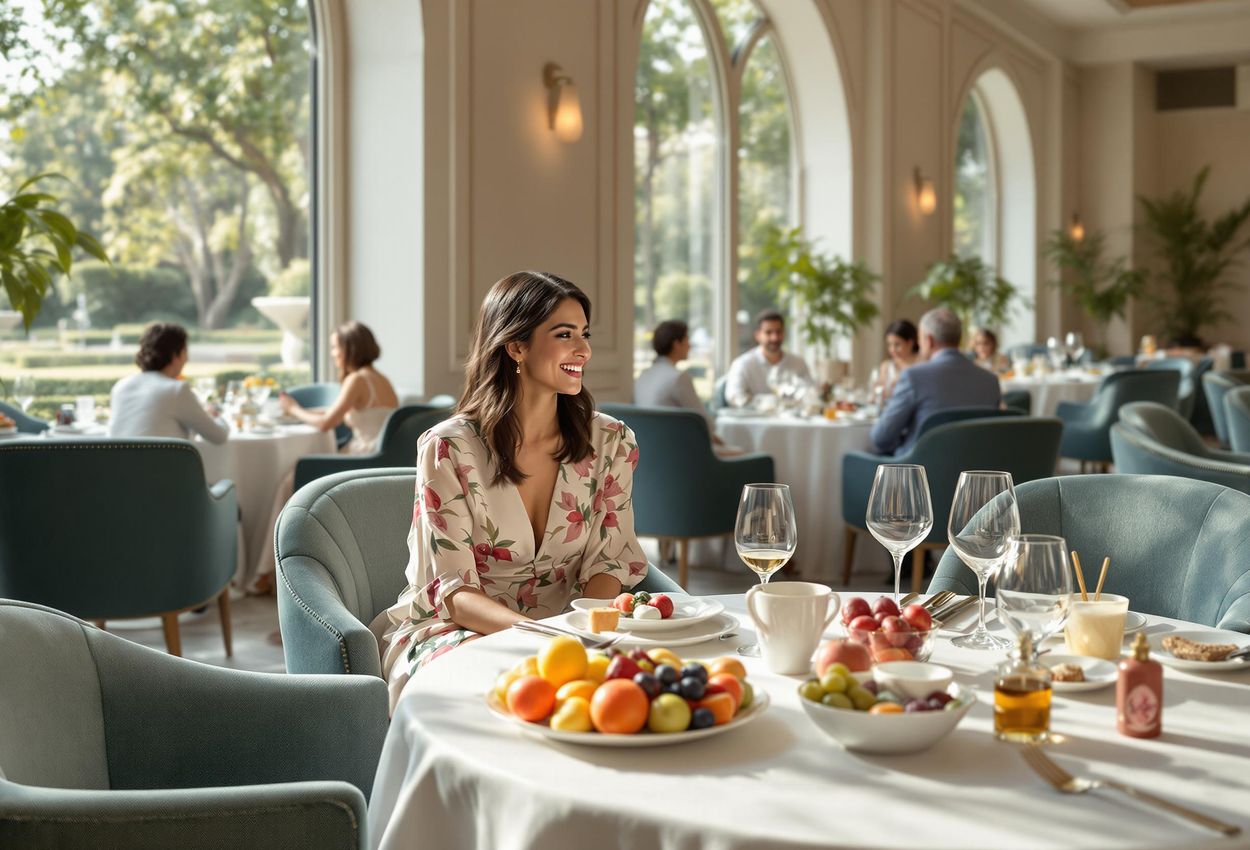 Interior view of Bellevue, the all-day dining restaurant at The Oberoi Amarvilas in Agra, India. The image showcases the restaurant