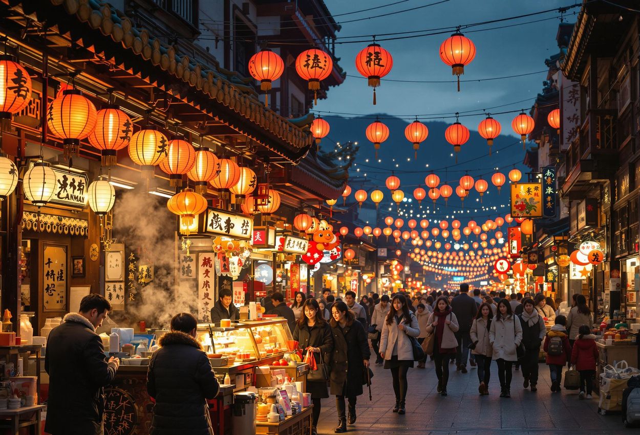 A captivating photograph of Nagasaki Chinatown during the Lantern Festival, showcasing thousands of lanterns illuminating the streets with a warm, magical glow.