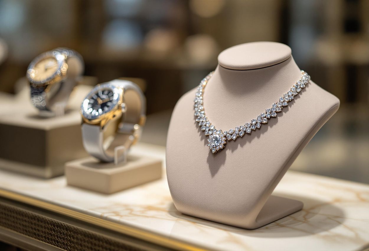 A close-up photograph showcasing Graff jewelry and timepieces inside the Graff boutique at The Peninsula Shanghai. The image highlights a diamond necklace and luxury watches with intricate details.