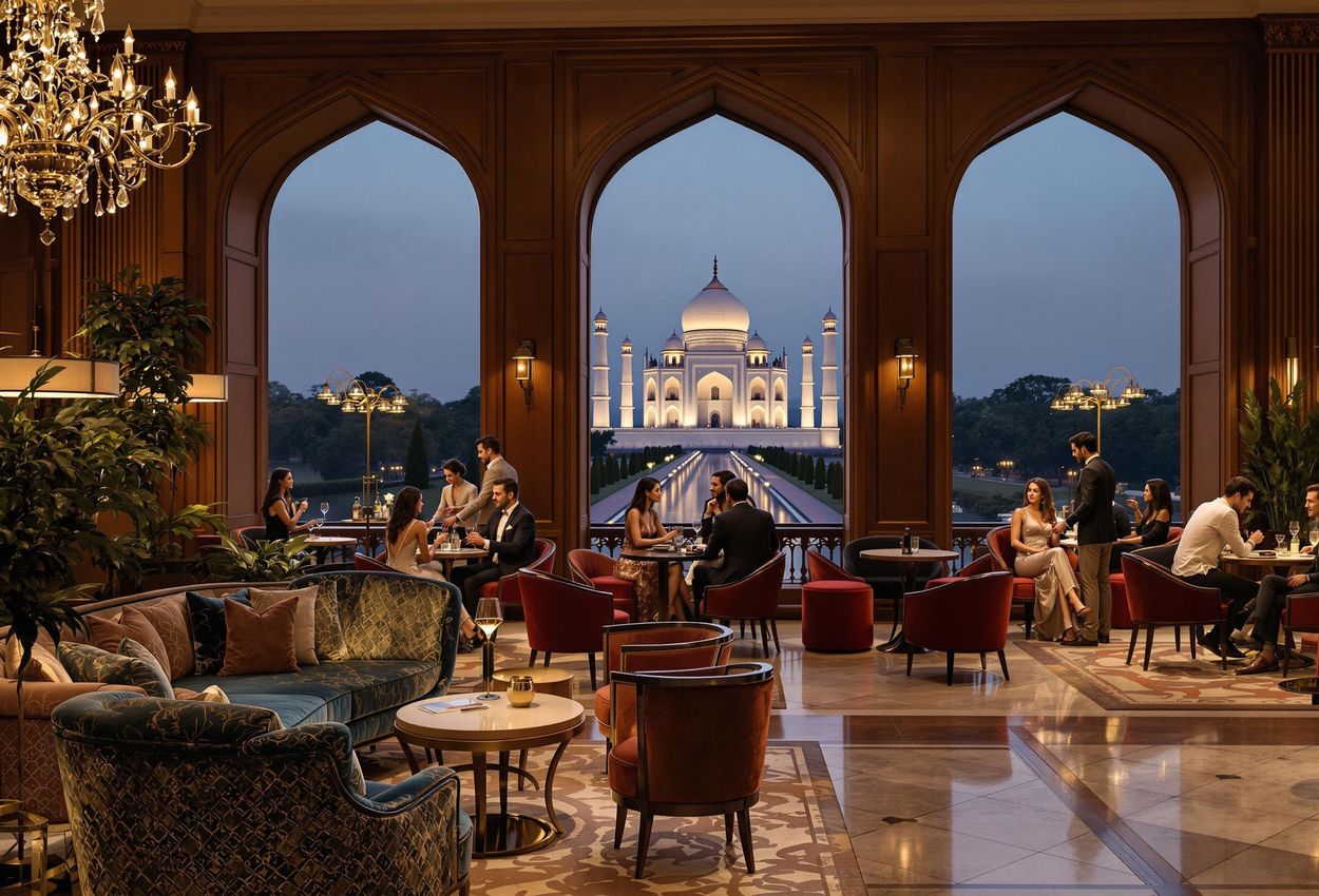 An interior view of The Bar at The Oberoi Amarvilas, showcasing its luxurious seating, elegant ambiance, and stunning view of the Taj Mahal.