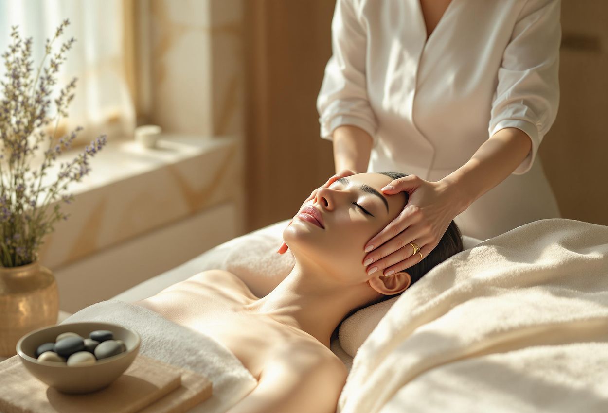 A medium shot of a woman receiving a relaxing aromatherapy massage at The Peninsula Spa in Hong Kong. The image captures the sensory details of the spa environment, such as the aromas, sounds, and textures.