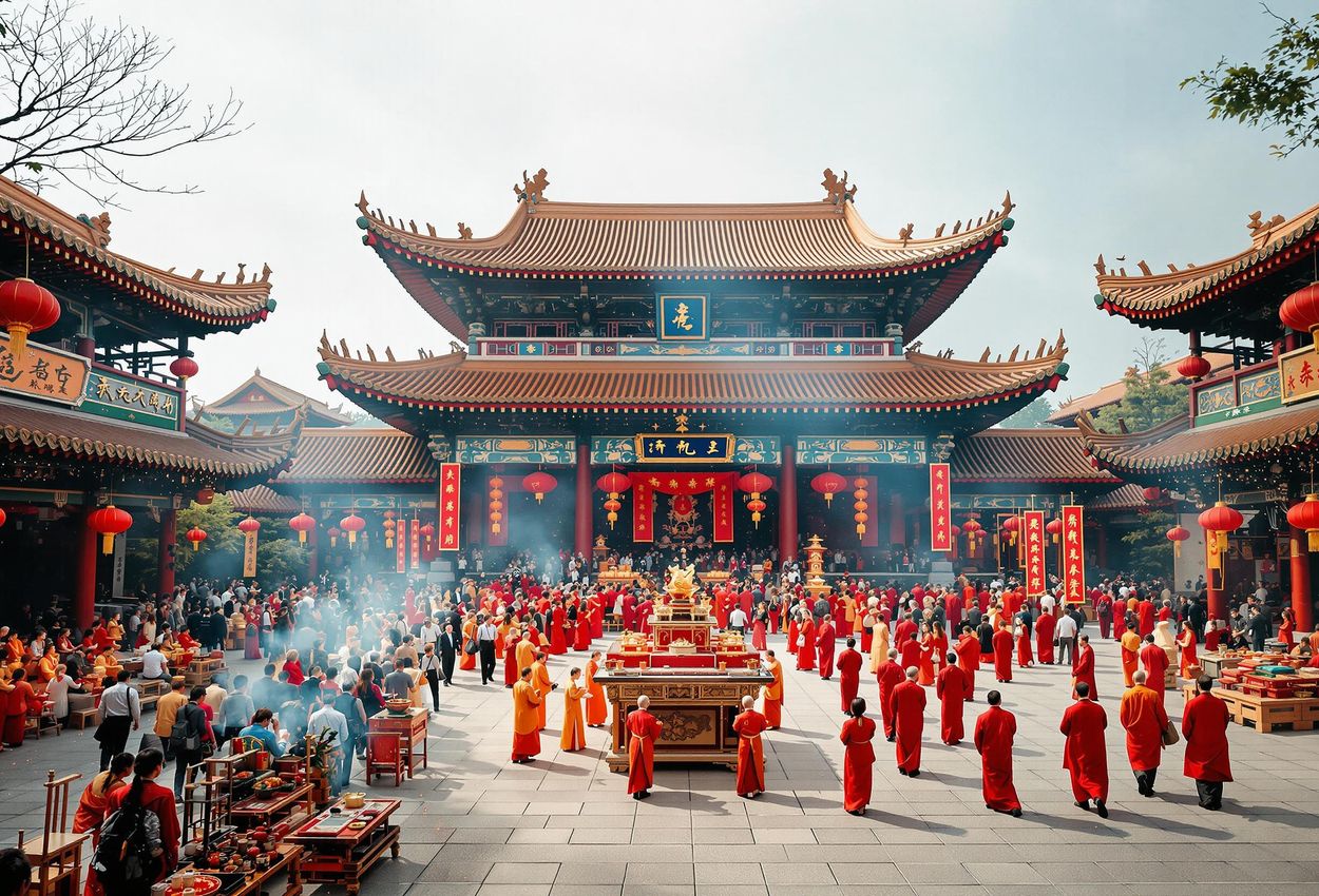 A captivating photograph of the Lunar New Year celebrations at Longhua Temple in Shanghai, showcasing the vibrant ceremonies, traditional attire, and stunning Song Dynasty architecture.