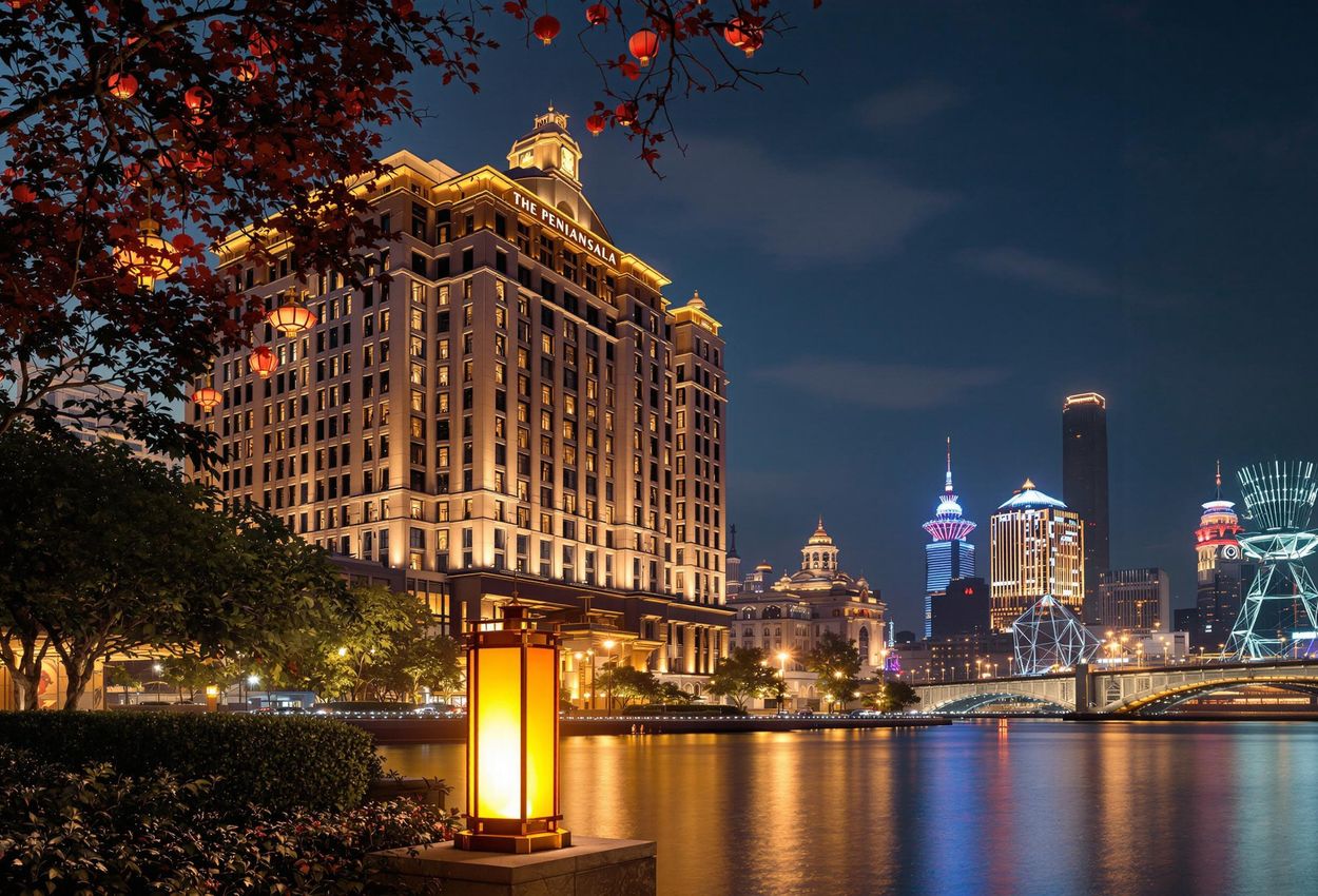 A serene nighttime photograph of The Peninsula Shanghai, adorned with red and gold lights for Lunar New Year. A traditional Chinese lantern glows softly in the foreground.