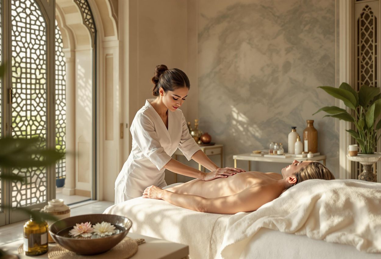 A serene spa scene at The Oberoi Amarvilas in Agra, featuring an Ayurvedic massage. Experience tranquility and holistic well-being in a Mughal-inspired setting.