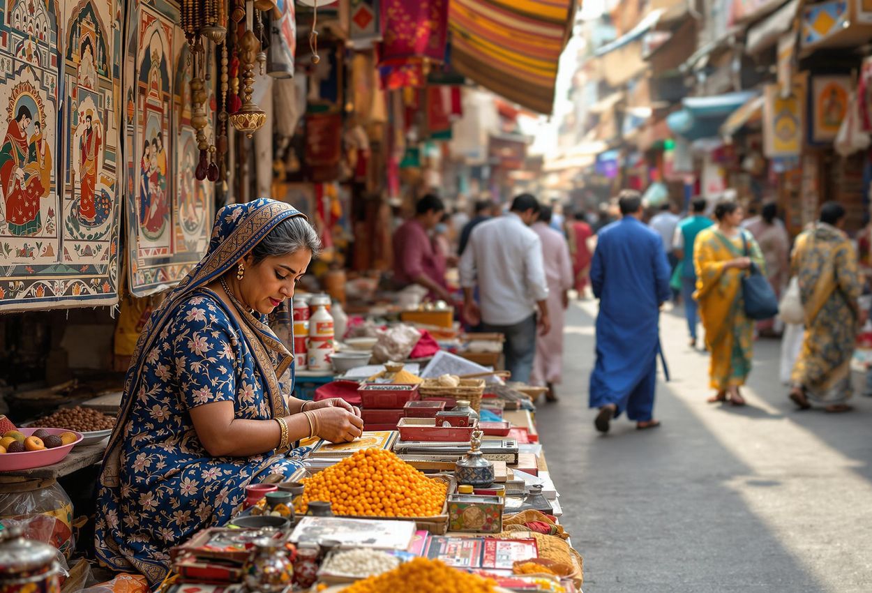 A vibrant photograph capturing the sensory overload of an Agra bazaar, showcasing local artisans, colorful handicrafts, and the lively interactions between tourists and vendors.