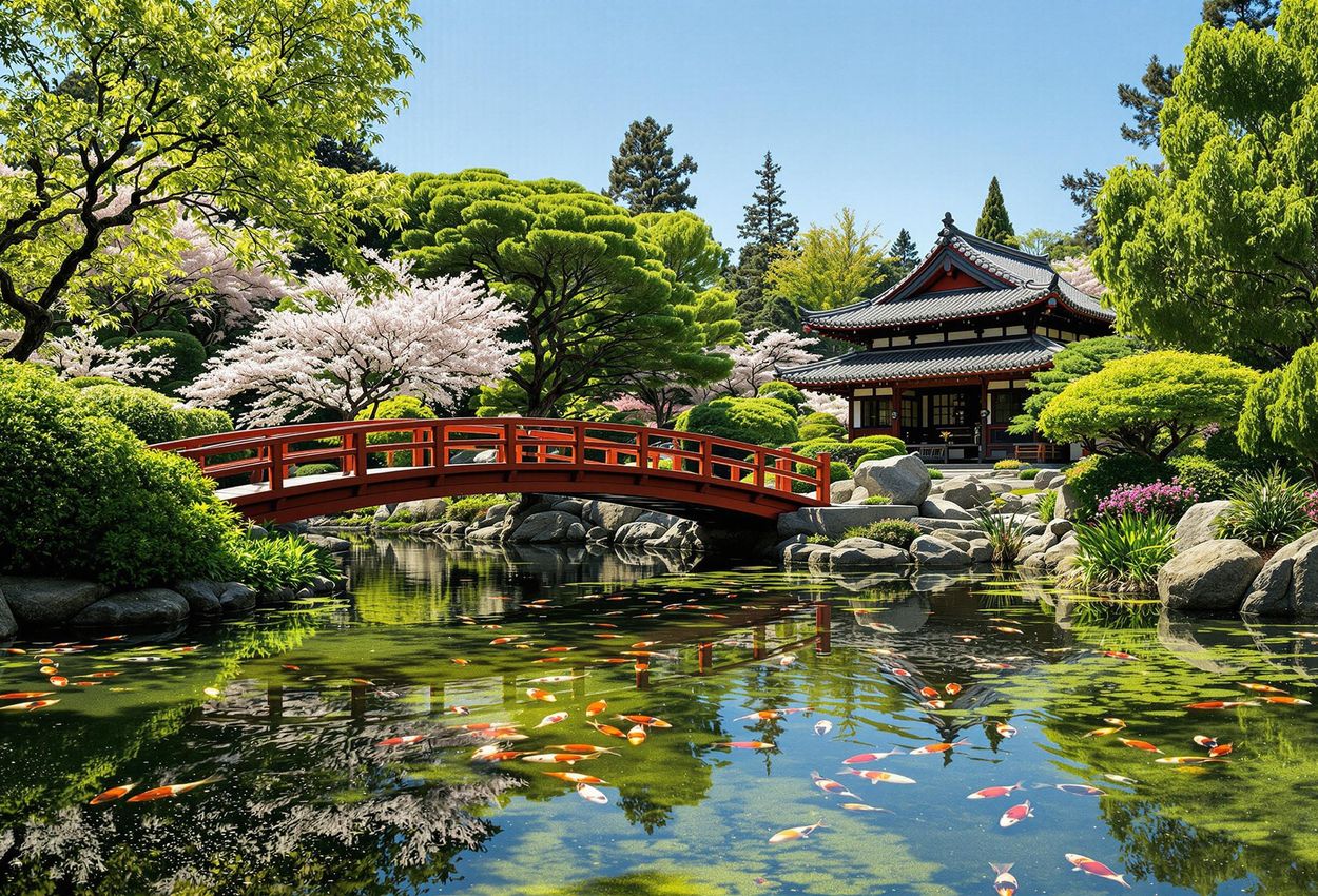 A serene photograph of the Japanese Garden at the Huntington Library, featuring a koi pond, a traditional bridge, and a tea house surrounded by lush greenery.