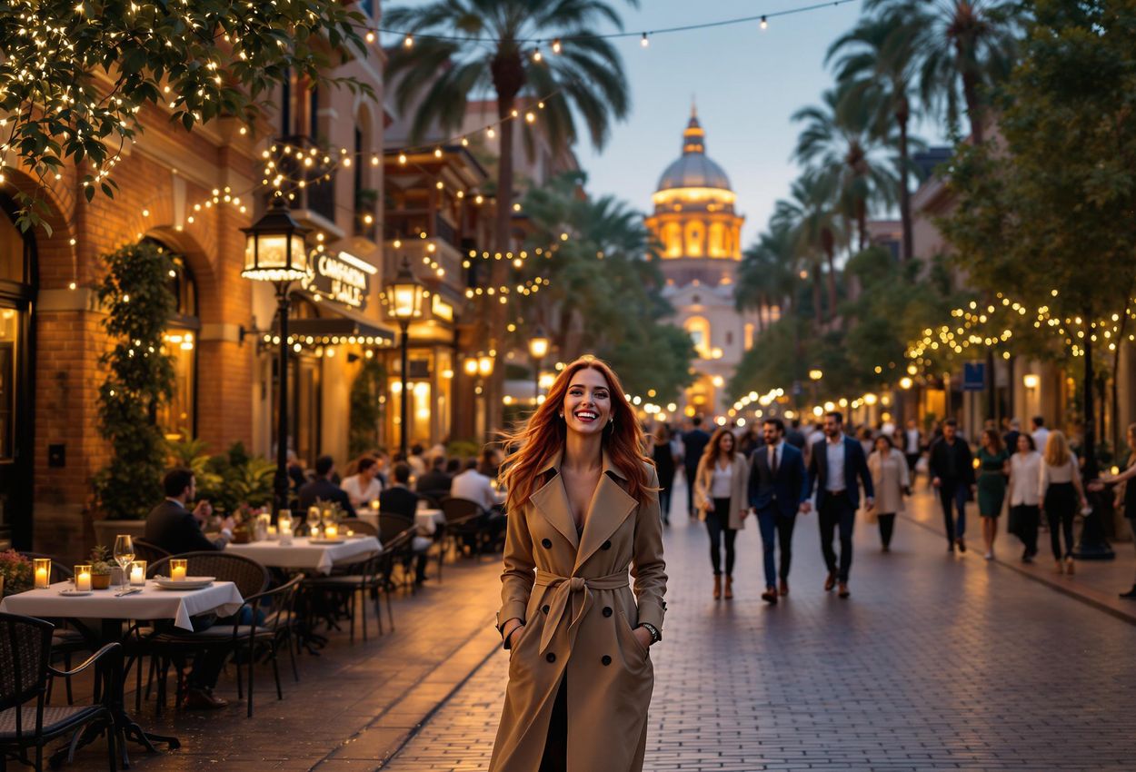 A captivating photograph of a lively evening street scene in Old Town Pasadena, showcasing historic architecture, bustling cafes, and stylish pedestrians under twinkling lights.