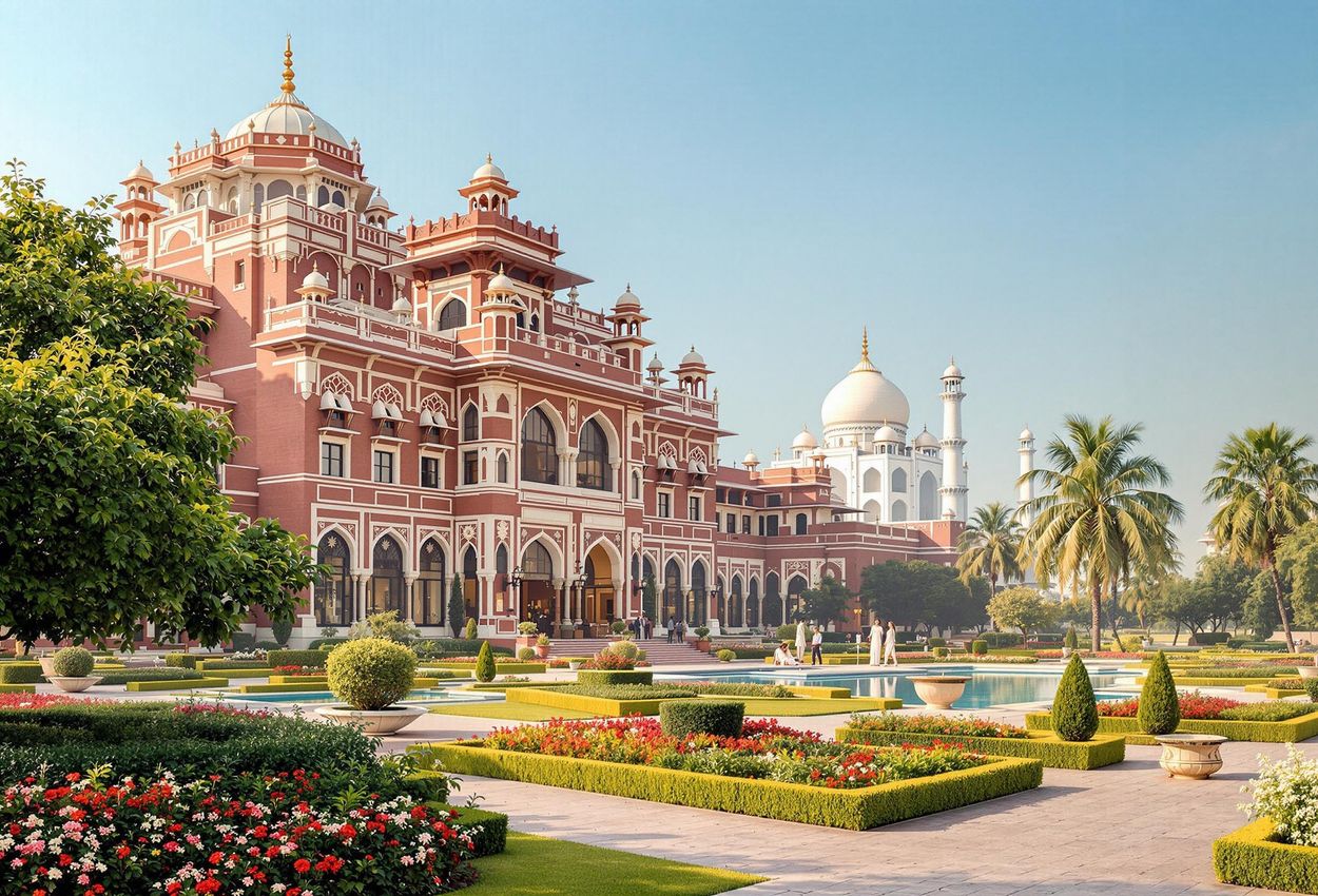 A stunning photograph of The Oberoi Amarvilas in Agra, India, showcasing its Mughal-inspired architecture and manicured gardens with the Taj Mahal in the background.