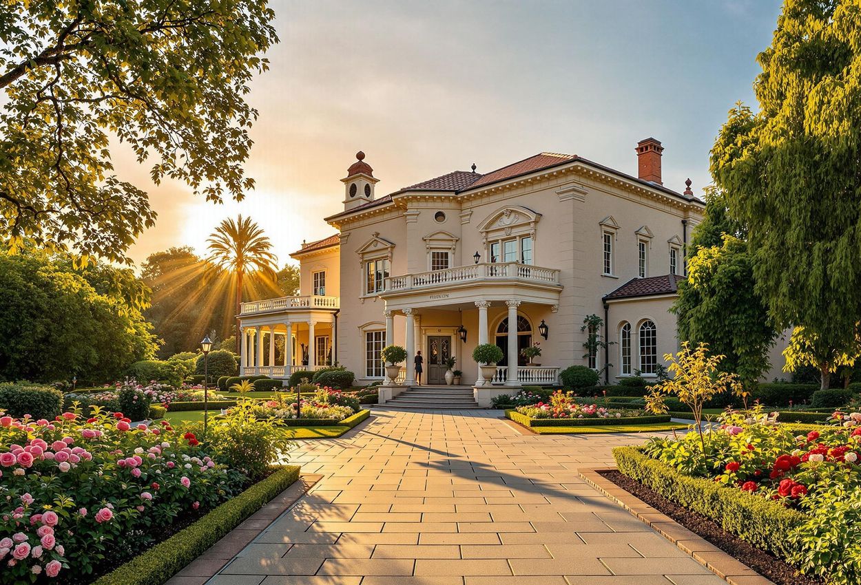 A photograph of the Fényes Mansion at the Pasadena Museum of History, showcasing its Beaux-Arts architecture and lush gardens in the warm light of late afternoon.