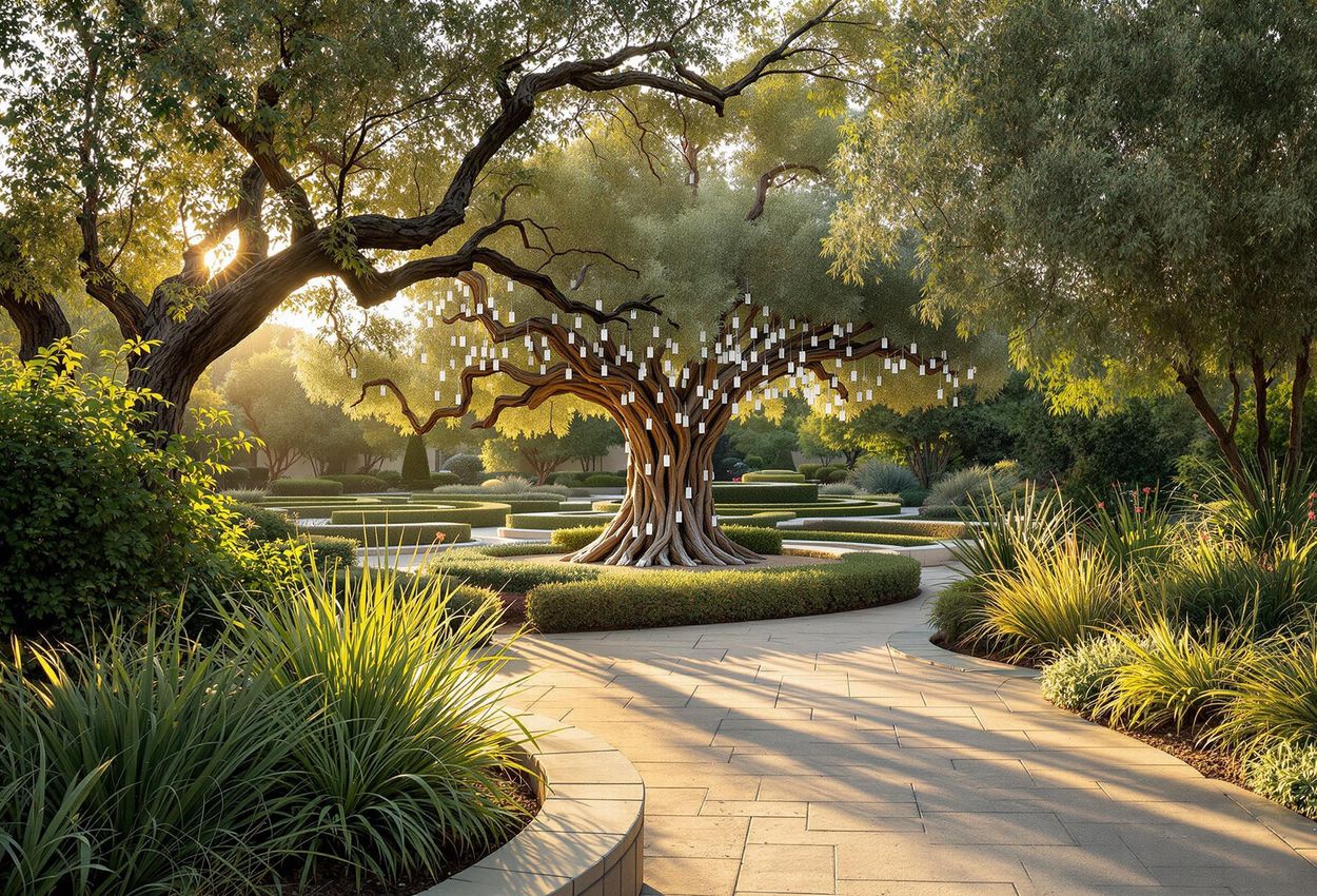 A serene photograph of Arlington Garden in Pasadena, showcasing California-native plants, orange and olive trees, the Yoko Ono Wish Tree, and a classical labyrinth in the soft light of late afternoon.