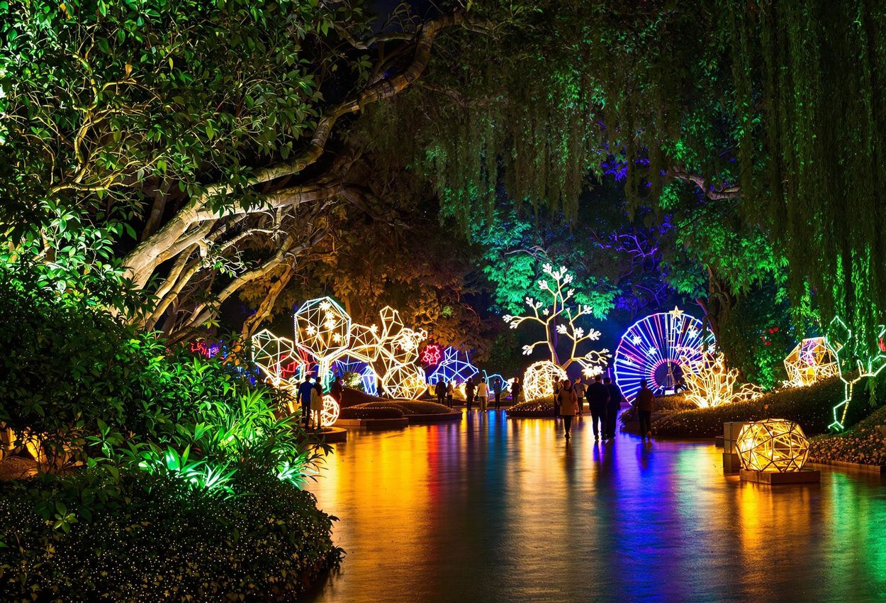 A stunning photograph capturing the magical Enchanted Forest of Light at Descanso Gardens. Millions of holiday lights and art installations transform the gardens into a vibrant, immersive experience.
