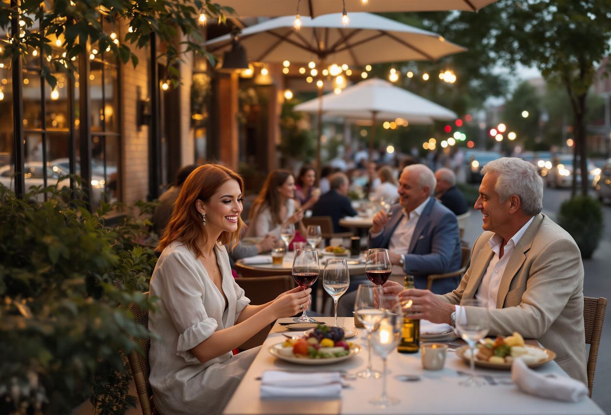 A photograph capturing a lively outdoor dining scene in Pasadena, California, on a warm spring evening. People are enjoying meals at tables along the sidewalk, with string lights and umbrellas creating a festive atmosphere.