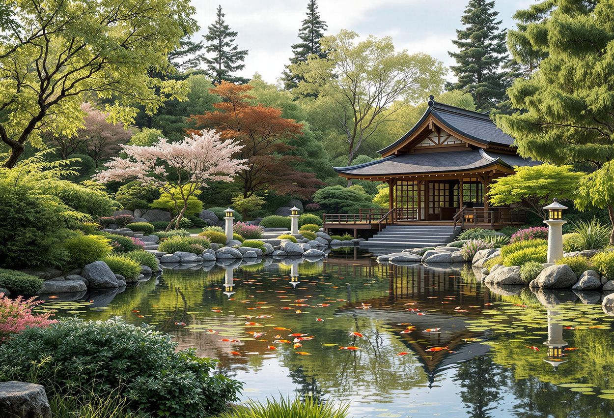 A tranquil photograph of the Storrier Stearns Japanese Garden in Pasadena, California, featuring a koi pond, tea house, and stone lanterns in a meticulously landscaped setting.