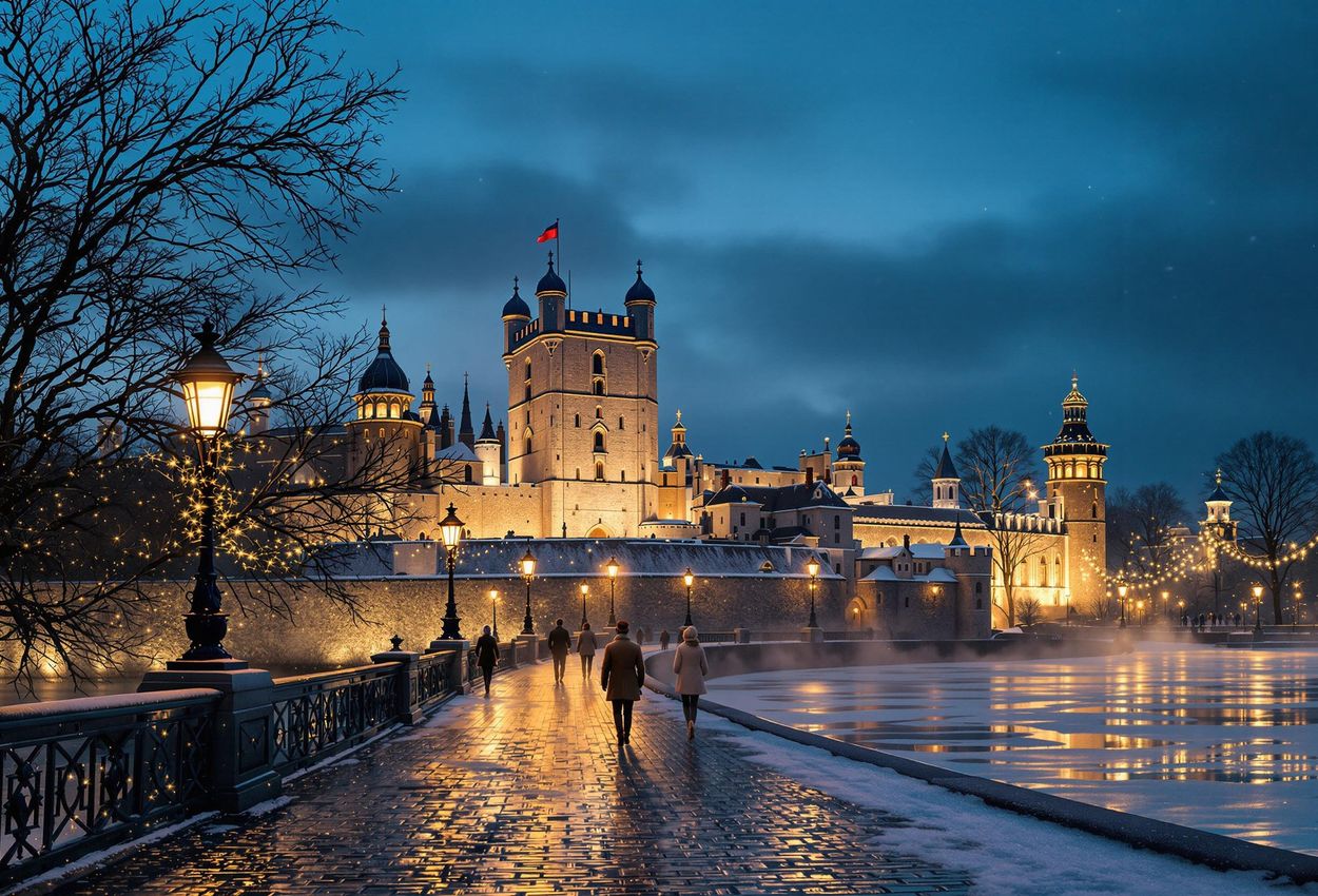 A captivating photograph of the Tower of London illuminated with festive lights on New Year