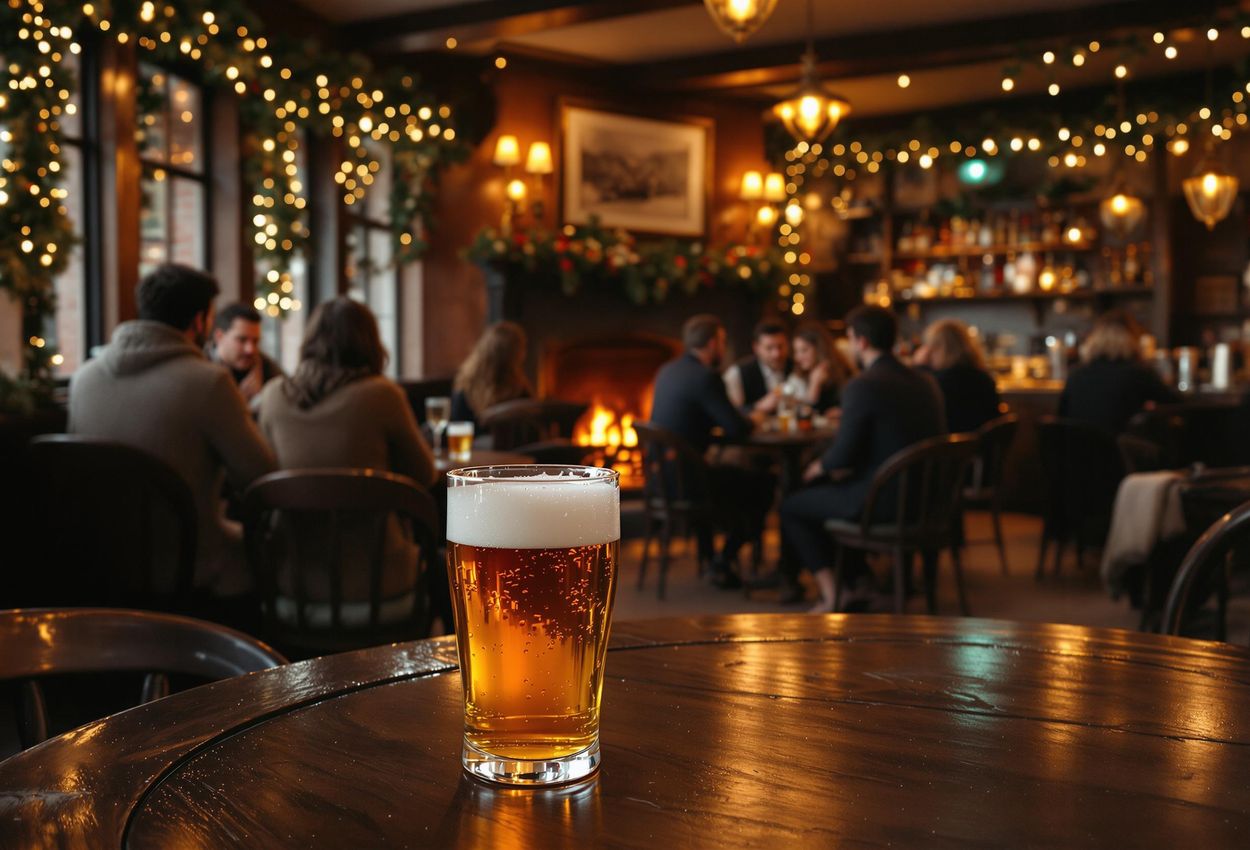 A photograph capturing the warm and inviting interior of a traditional London pub on New Year