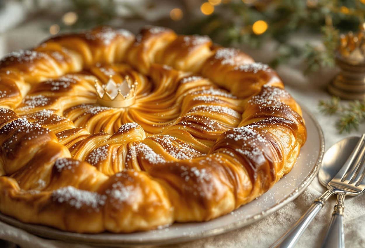 A detailed photograph of a Galette des Rois, showcasing its flaky crust, paper crown, and hidden fève, capturing the essence of the French Epiphany tradition.
