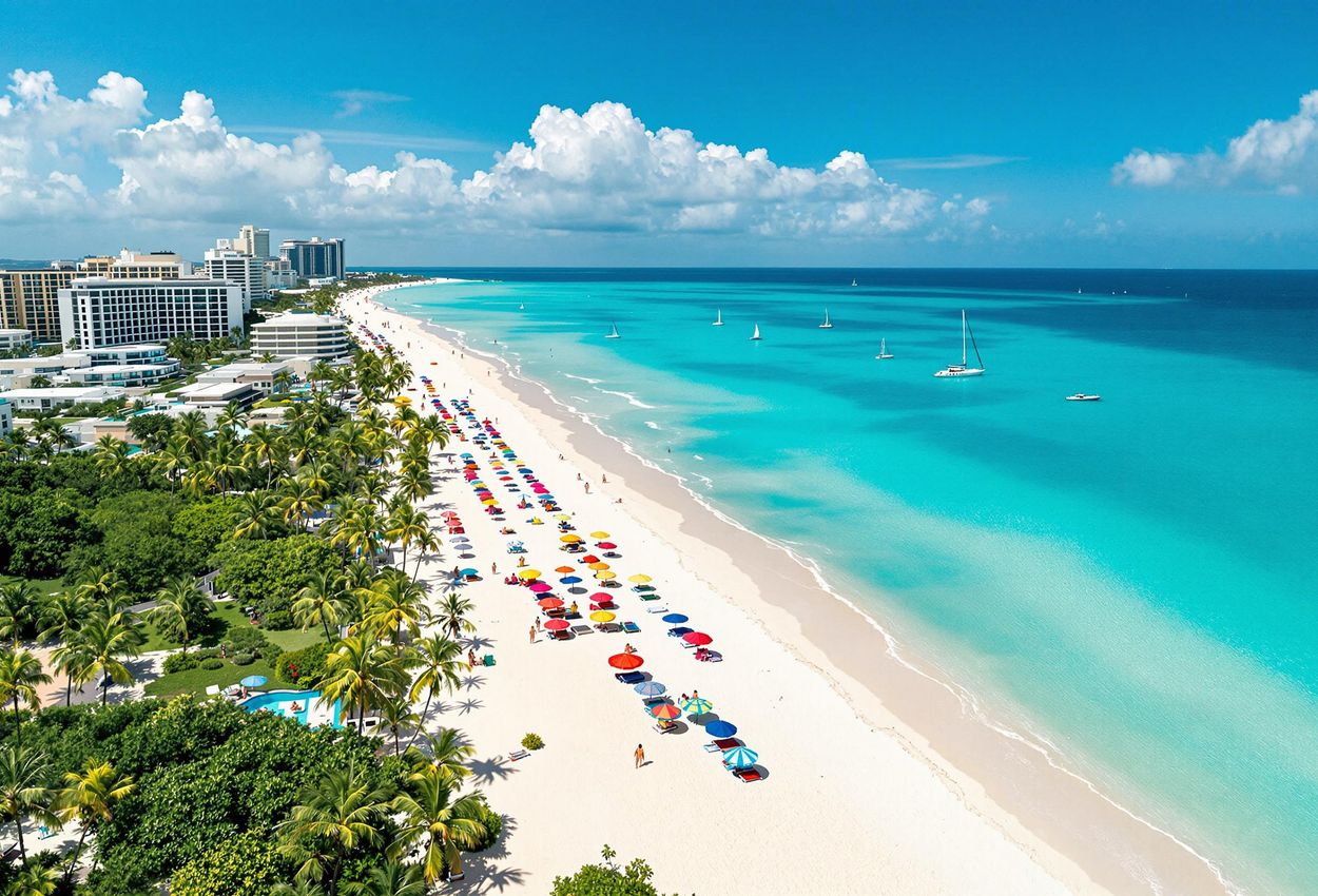 An aerial photograph of Seven Mile Beach in Grand Cayman, showcasing its turquoise waters, white sand, luxurious resorts, and serene atmosphere.
