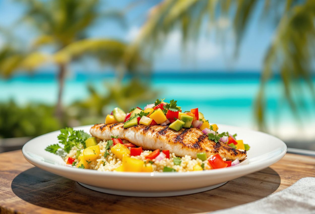 A close-up photograph of grilled snapper topped with tropical fruit salsa, coconut rice, and steamed vegetables, served on a rustic wooden table in a beachfront setting in the Cayman Islands.