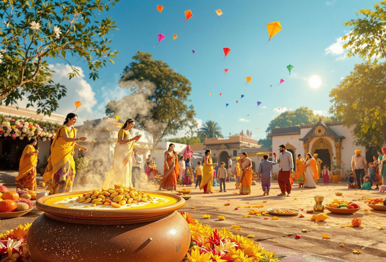 A captivating photograph capturing the colorful Makar Sankranti/Pongal festivities in rural India, showcasing kite flying and traditional Pongal dish.