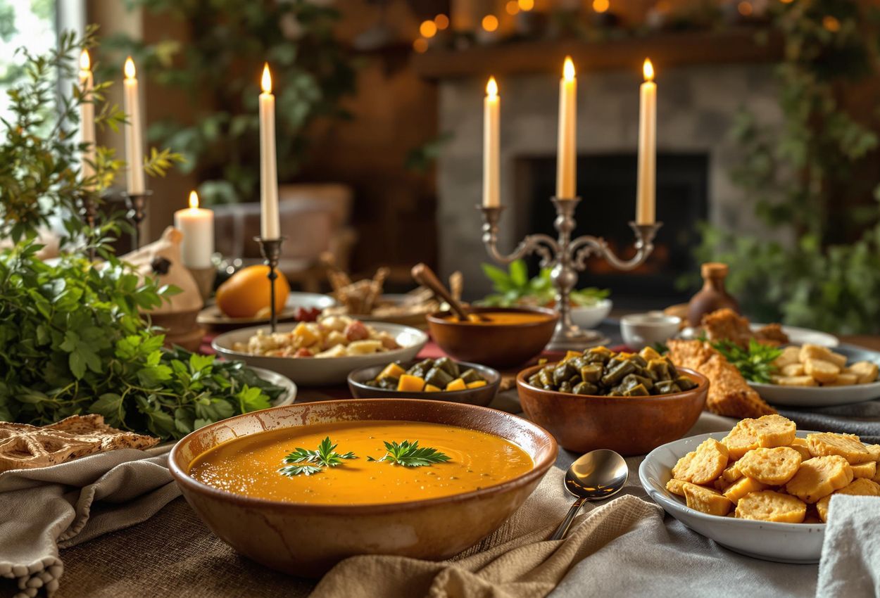 A photograph of a Kwanzaa feast featuring squash soup, peanutty stew, okra, and collard greens, arranged in a rustic setting with a kinara in the background.