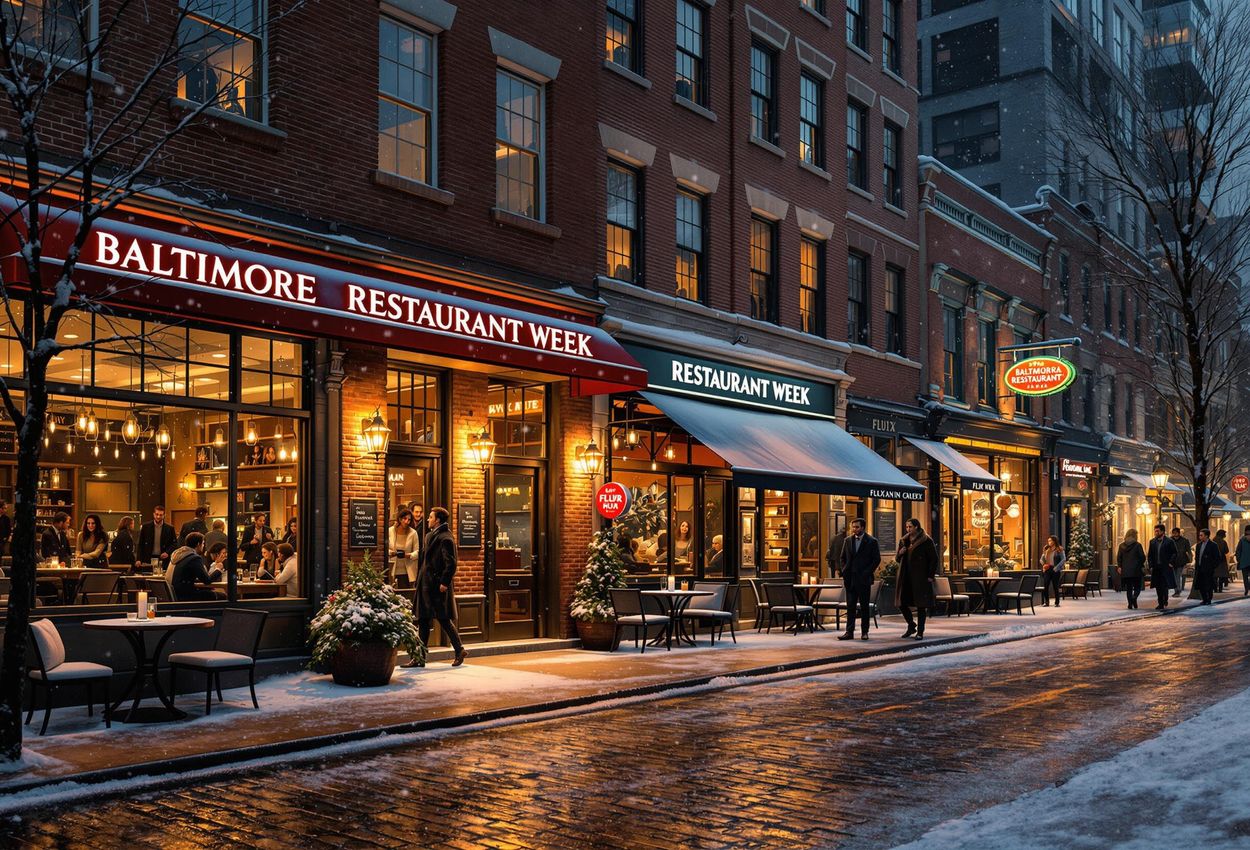A photograph capturing the vibrant atmosphere of Baltimore Restaurant Week in Fells Point, showcasing warmly lit restaurants and happy diners enjoying prix-fixe meals on a winter evening.