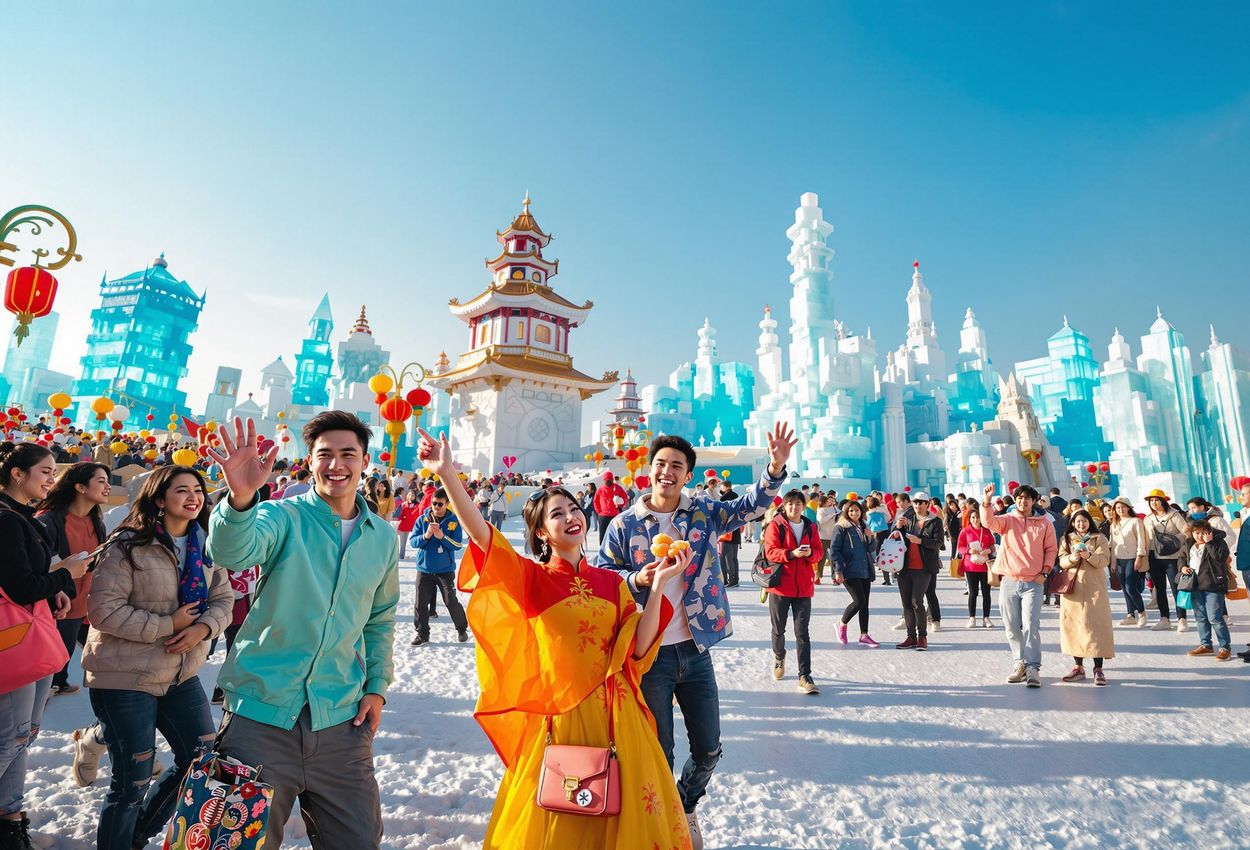 A candid photograph capturing a vibrant celebration at the Harbin International Ice and Snow Sculpture Festival, showcasing diverse people enjoying the festive atmosphere.