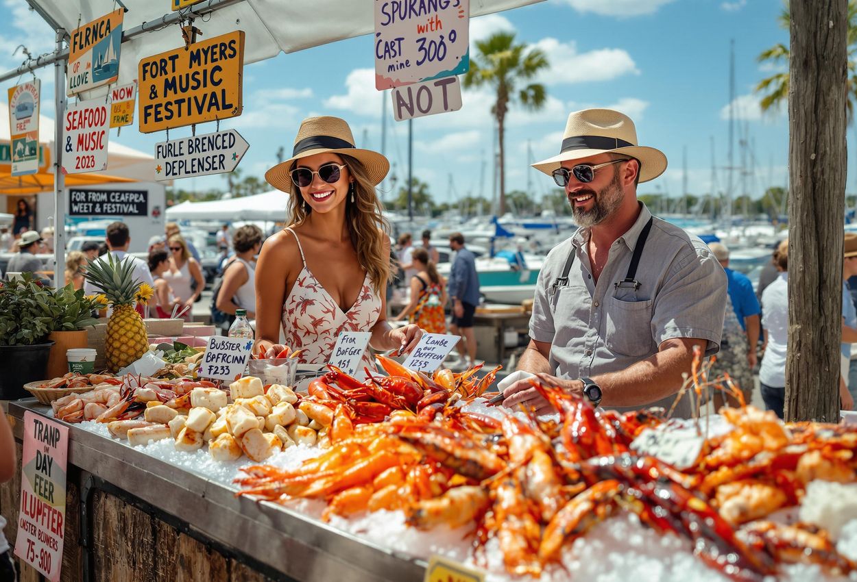 A vibrant photograph capturing the energy of the Fort Myers Seafood & Music Festival, featuring fresh seafood, live music, and a lively atmosphere on the waterfront.