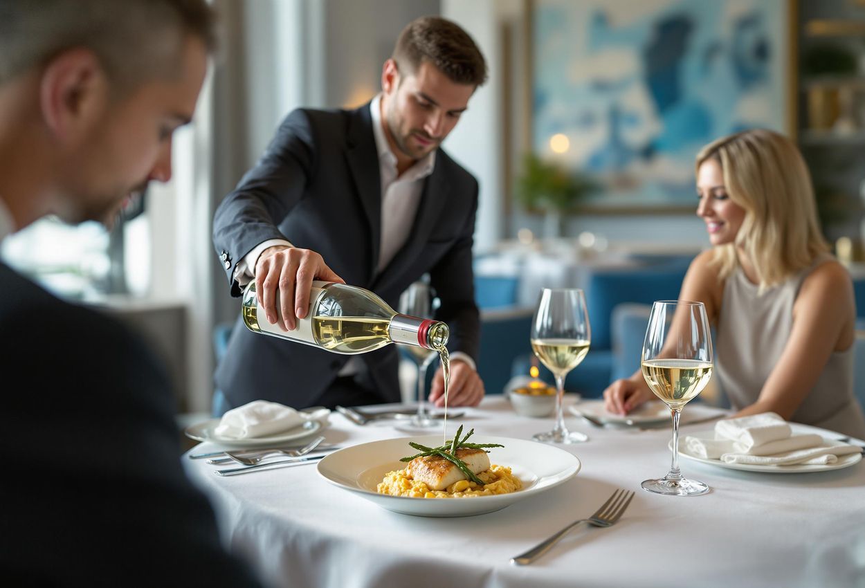 A photograph capturing the sophisticated ambiance of Blue by Eric Ripert restaurant in Grand Cayman. The image features a beautifully set table with fine china, crystal glassware, and a sommelier pouring wine, evoking a sense of luxury and culinary excellence.