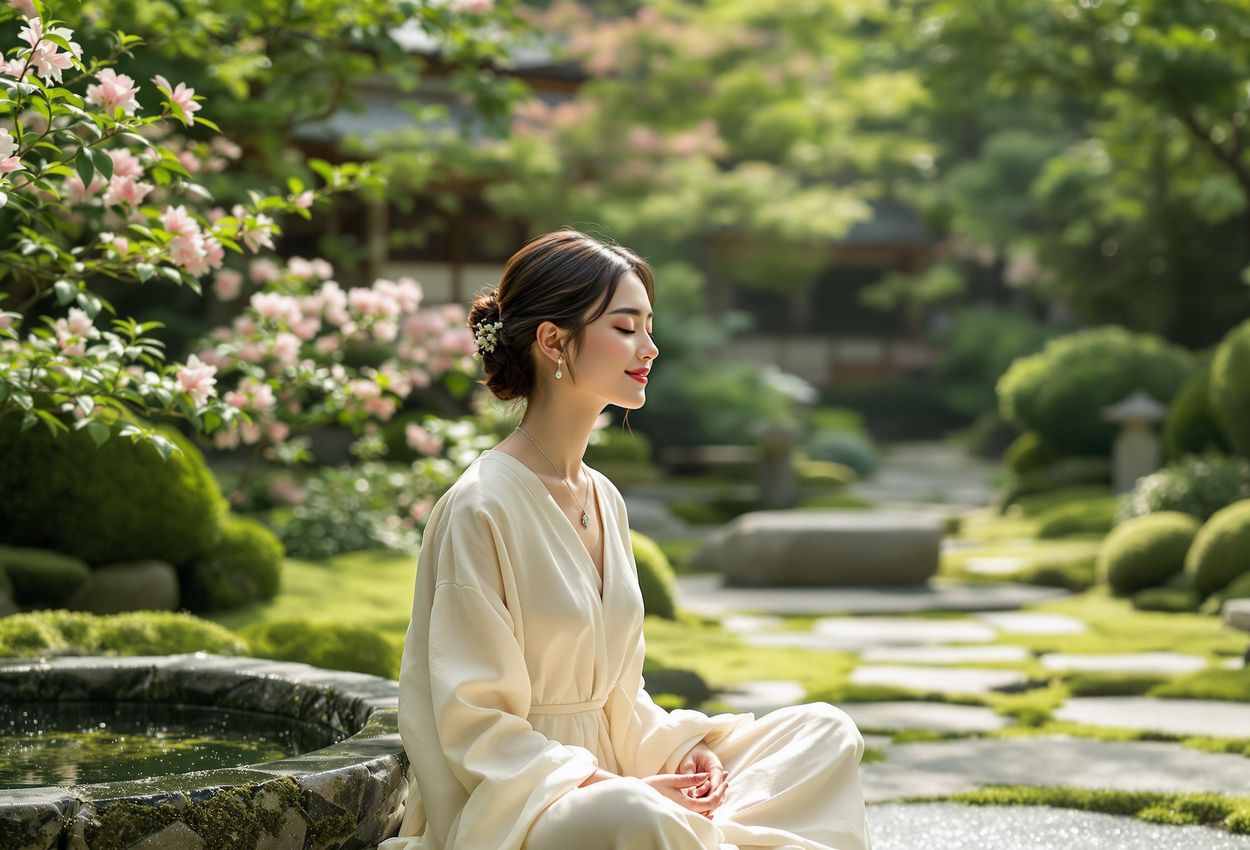 A photograph of a woman meditating peacefully in a lush Kyoto garden, surrounded by azaleas, moss, and traditional Japanese elements.