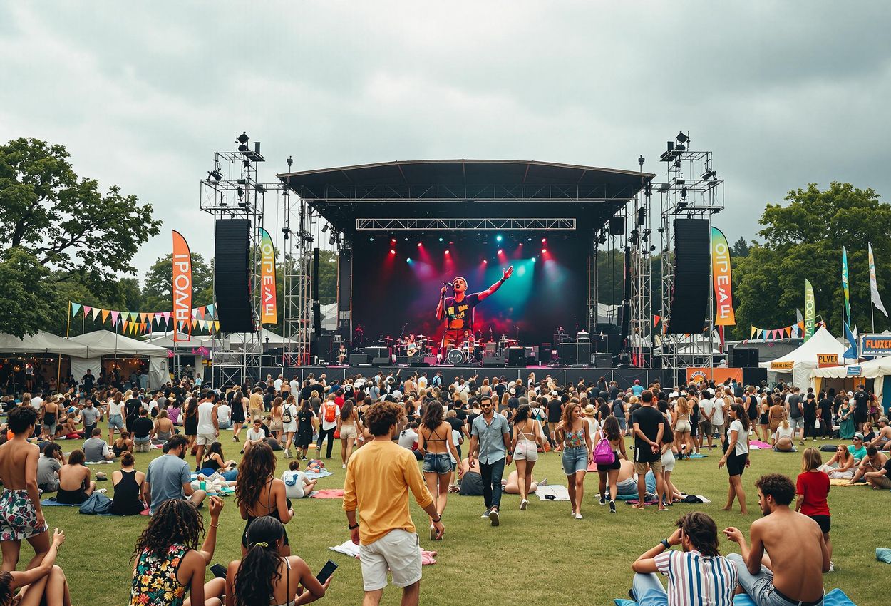 A captivating photograph capturing the vibrant atmosphere of a daytime music festival, filled with dancing crowds, a performing band, and colorful decorations.