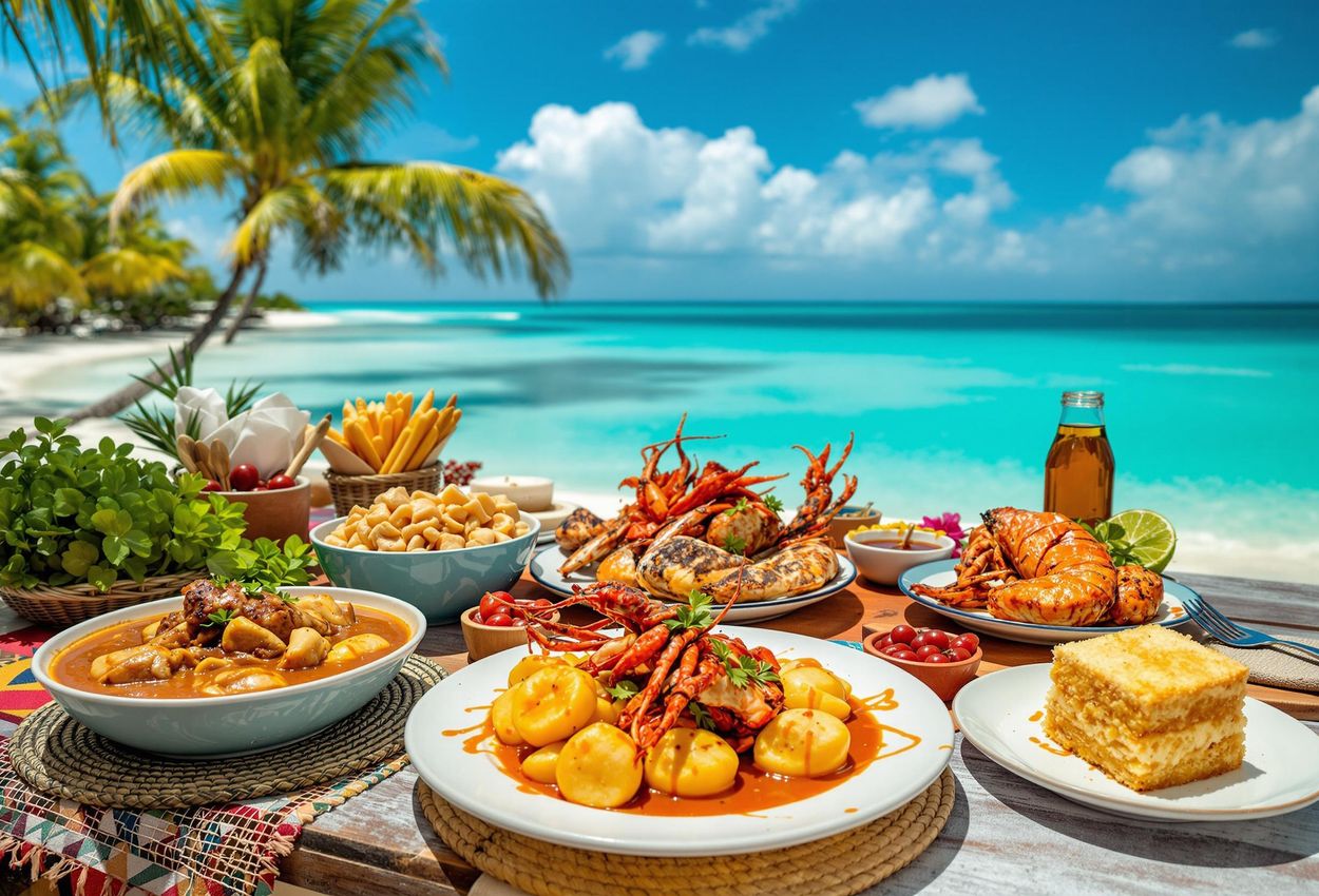 A vibrant photograph showcasing a delicious spread of traditional Caymanian dishes served on a rustic wooden table in a beachfront setting.
