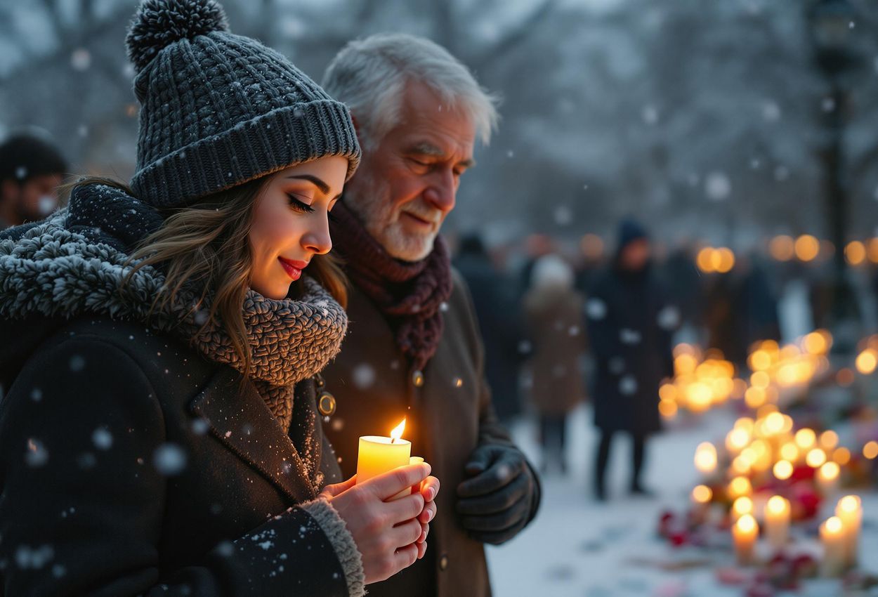 A moving photograph capturing a community gathering to remember and honor loved ones lost in a disaster. The image conveys grief, resilience, and community solidarity in a winter setting.