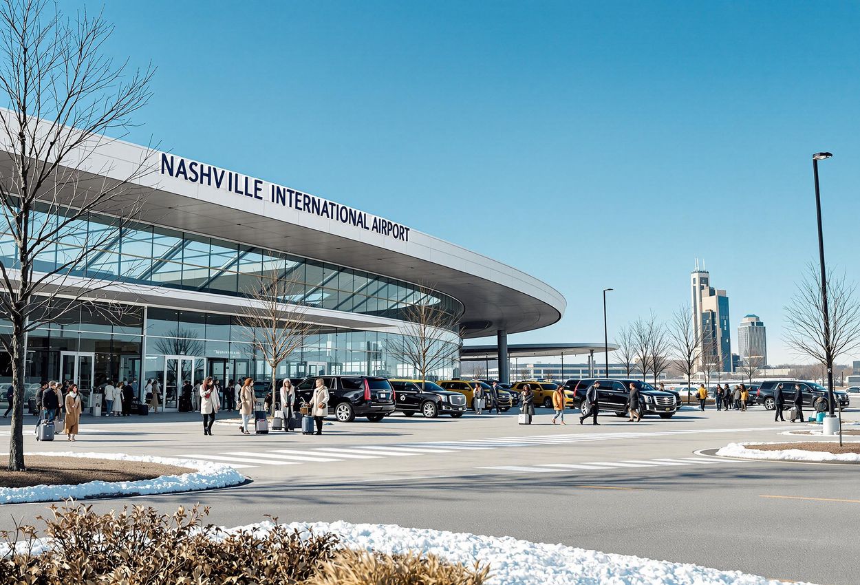 A photograph of the exterior of Nashville International Airport on a sunny winter day, showcasing its modern architecture and the bustling activity of arriving and departing passengers.