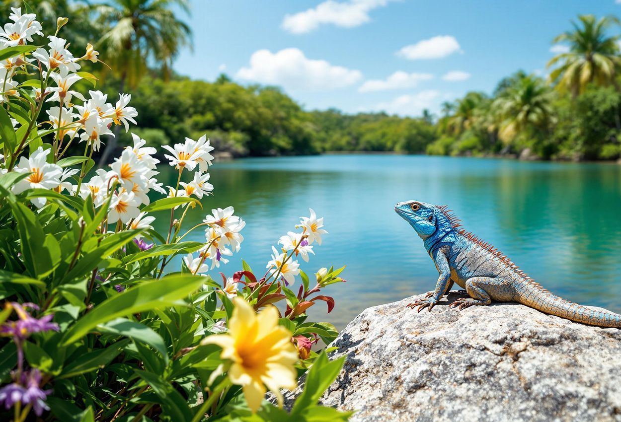 A tranquil landscape photograph of the Queen Elizabeth II Royal Botanic Park, featuring lush greenery, colorful flowers, a serene lake, and a Blue Iguana basking in the sun.