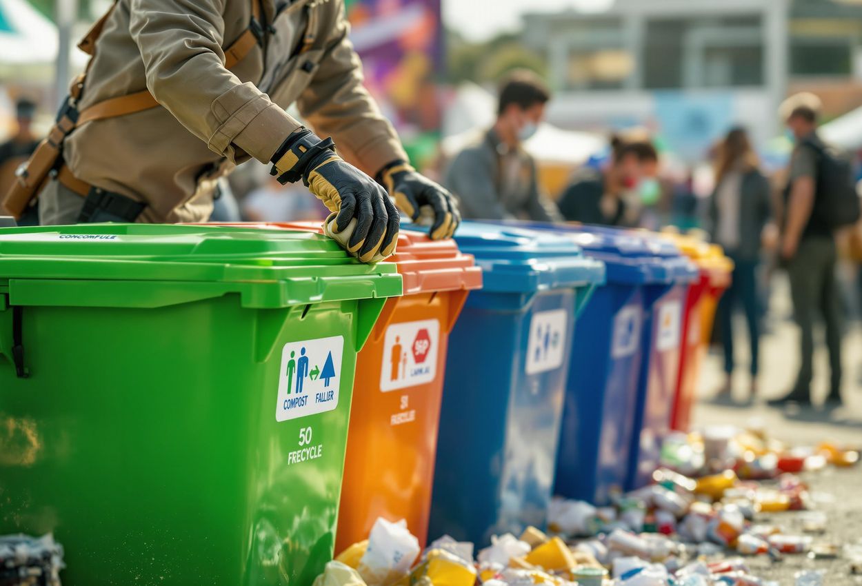 A close-up photograph captures a festival attendee diligently sorting waste into recycling, compost, and landfill bins at a sustainable music festival.