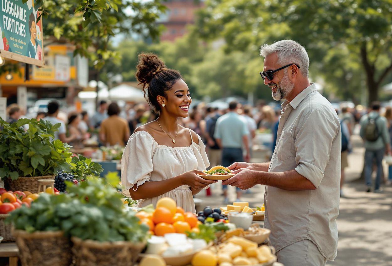 A medium shot captures a diverse group of people enjoying food from local and organic vendors at a vibrant outdoor food festival.