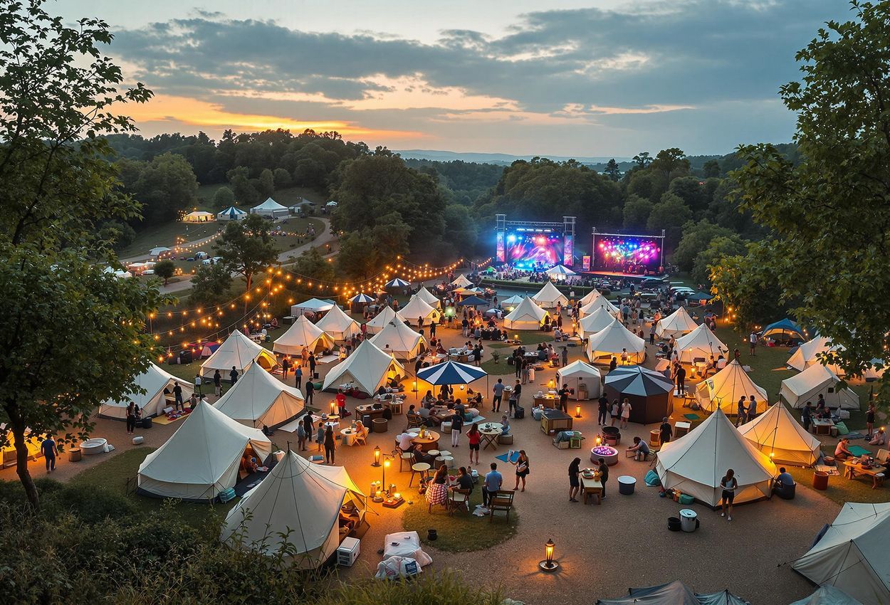 A wide shot of a well-organized and eco-friendly campsite at a music festival, featuring sustainable tents, solar-powered lights, and responsible campers.