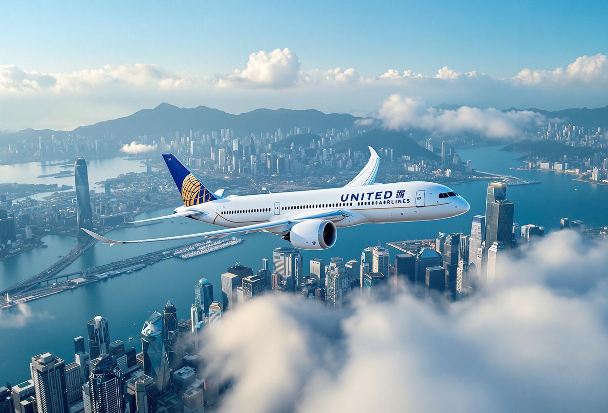 Aerial photograph of a United Airlines Boeing 787-9 Dreamliner flying over Hong Kong, showcasing the city