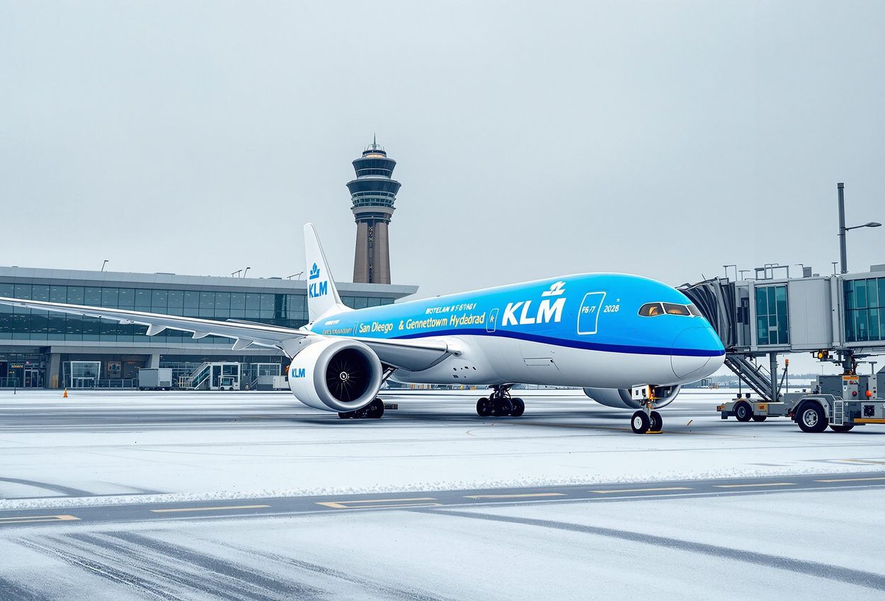 A photograph of a KLM Boeing 787-9 Dreamliner parked at Amsterdam Airport Schiphol in winter, showcasing the airline