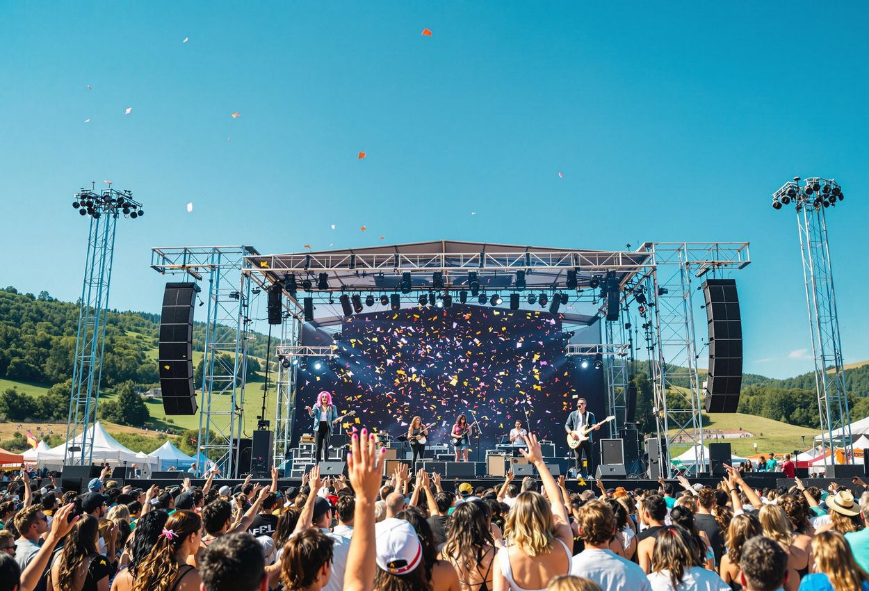 A medium shot captures a vibrant solar-powered stage at a music festival, showcasing a band performing for an enthusiastic crowd under the bright, natural sunlight. The scene emphasizes the appeal of sustainable energy solutions in a celebratory atmosphere.